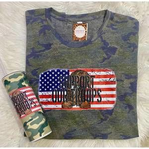 NEW SHE SHED unisex support our troops camo flag tee in green